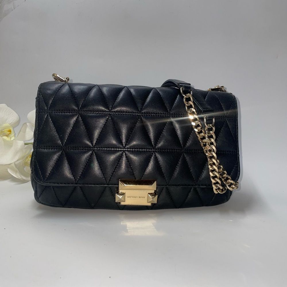 Michael Kors Black Quilted Leather Shoulder Bag with Gold Chain